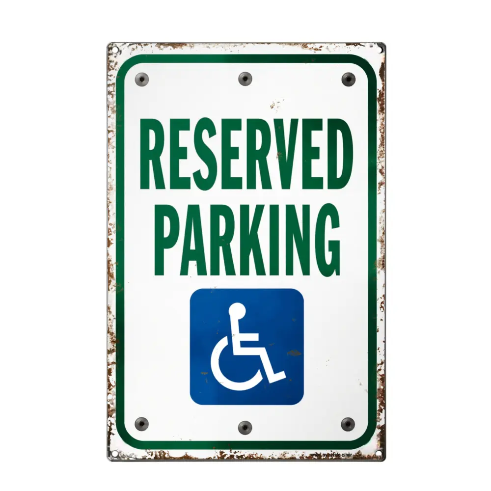 Industrial Retro Metal Tin Parking Spot Sign, 8x12in Pre-Drilled Waterproof Lightweight Decorative Plaque for Home Garage Business Outdoors Daily Decor (Handicap Reserved)