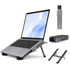 Gunmetal Laptop Stand with Foldable USB Hub, Adjustable Ergonomic Desk Riser, Multi-Port Expansion for MacBook, PC, Tablets & Travel Use