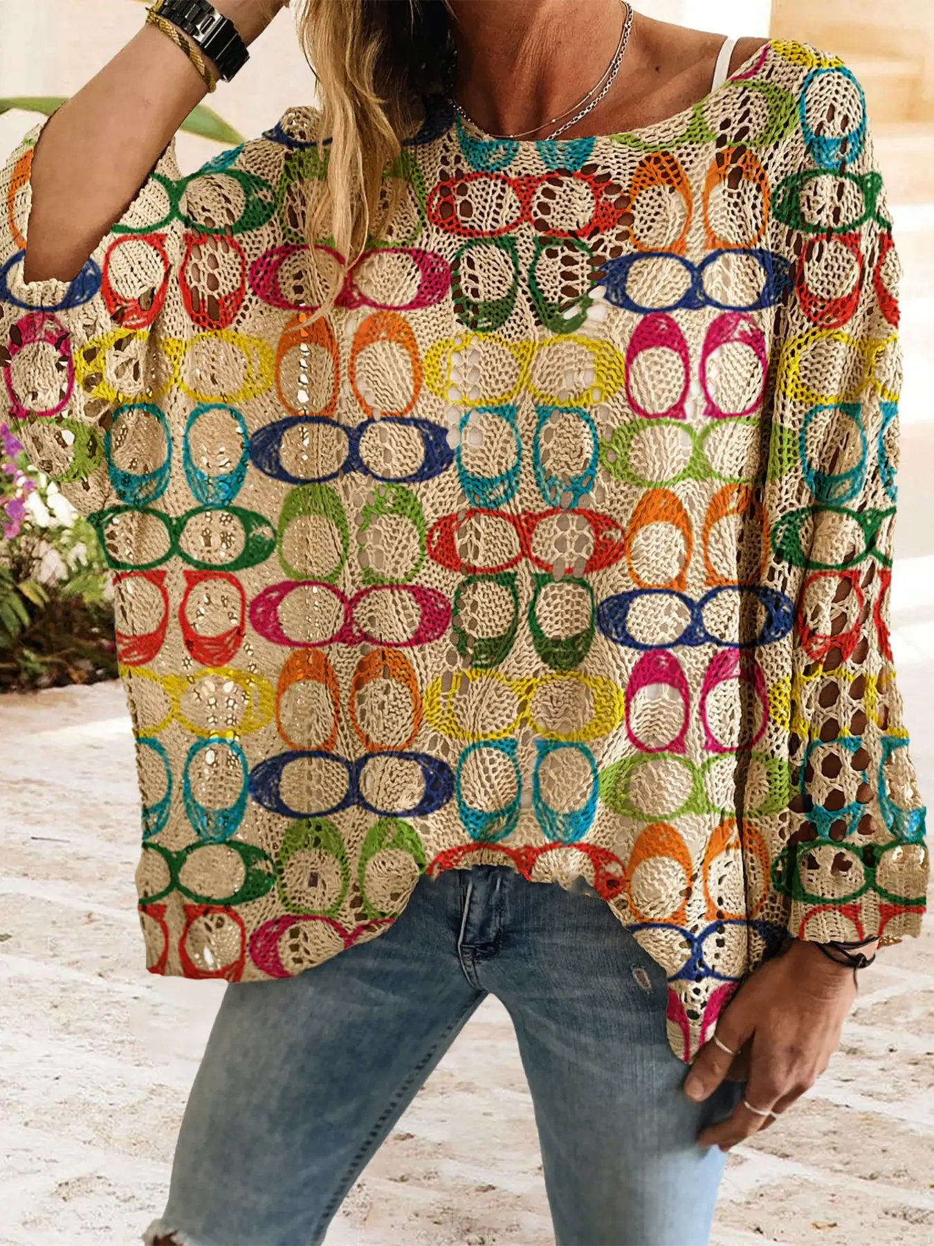 Geometric Colorblock Print Long Sleeve Knitted Top, Casual Elegant Chic Vacation Style Sweater, Loose Fit Batwing Shoulders, Spring Summer Fall Women's Clothing