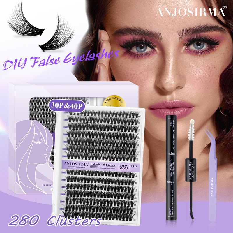 ANJOSIRMA Lash Extension Kit DIY 280pcs Lash Clusters Eyelash Extension Kit, 9-16mm 30D 40D Individual Lashes Kit with Lash Bond and Seal, Lash Tweezers