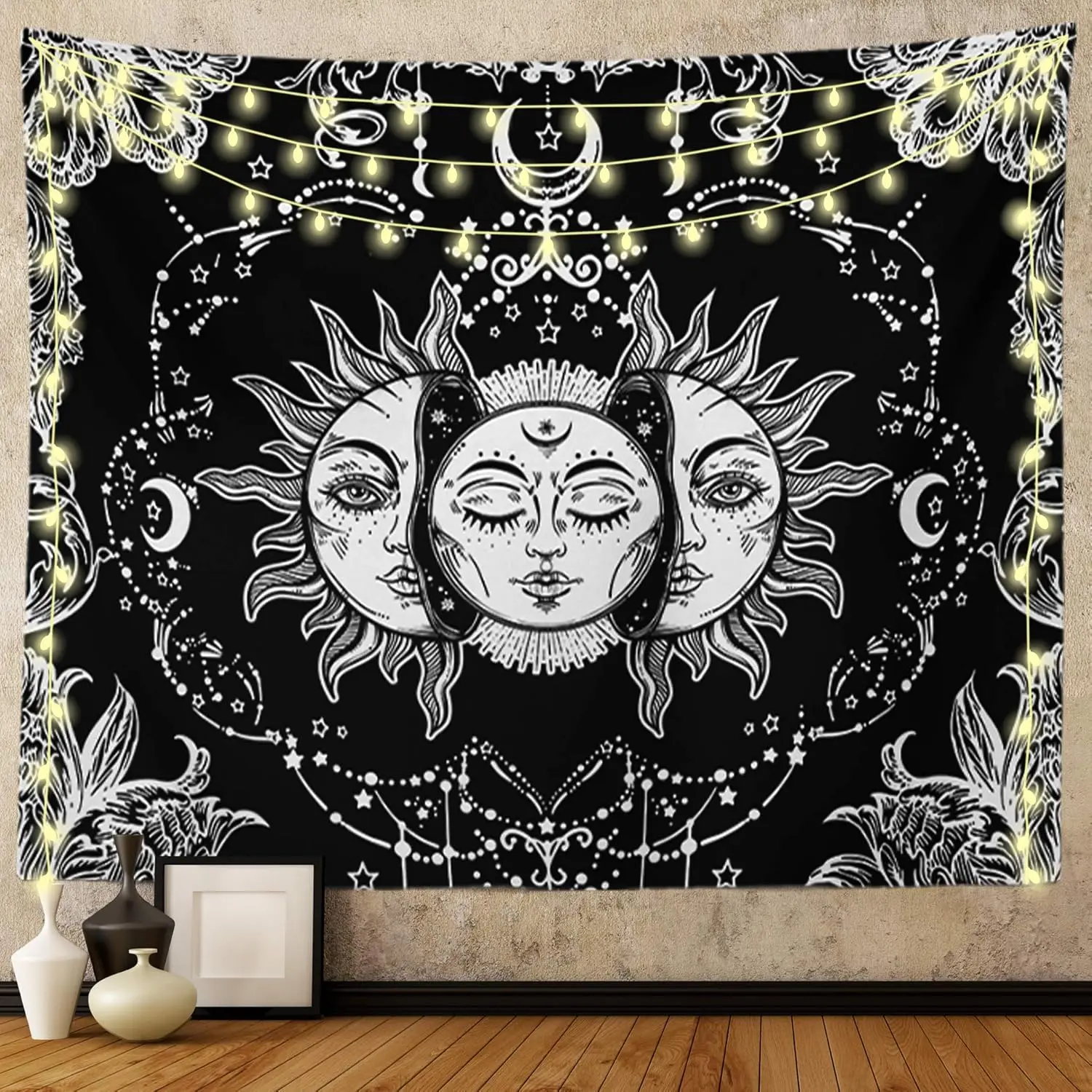 Sun and Moon Tapestry Black and White Tapestries Mystic Burning Sun with Star Wall Hanging Decor for Bedroom, Black and White Mystic Burning Sun with Stars Decor, Celestial Spiritual Wall Hanging for Bedroom Aesthetic