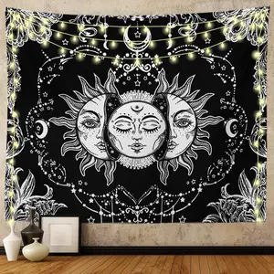 Sun and Moon Tapestry Black and White Tapestries Mystic Burning Sun with Star Wall Hanging Decor for Bedroom, Black and White Mystic Burning Sun with Stars Decor, Celestial Spiritual Wall Hanging for Bedroom Aesthetic