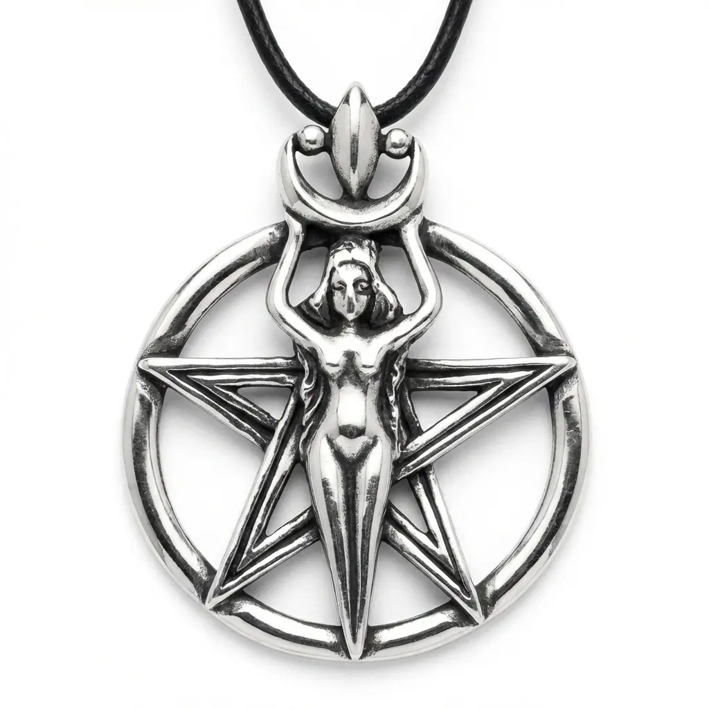 Wicca New Beginnings Amulet Pewter Pendant — Goddess &amp; Pentagram Charm