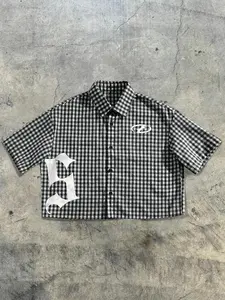 Men's Cool Plaid Checkered Shirt, Casual Short Sleeve Plaid Design, Unique Gothic Style, Cropped Short Fit for Multiple Scenarios, Daily Wear & Streetwear