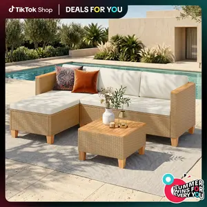 PHIVILLA 3 Seats Outdoor Patio Rattan Furniture Sofa Set with Acacia Wood Coffee Table, Thick Cushions Sofa Set for Balcony, Porch & Patio, DealsForYouDays