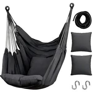 Hammock Chair Hanging Rope Swing Chair, Durable &Spacious Max 300 Lbs,2 Seat Cushions Included, Anti-SlipRings, hanging chair for Outdoor/Home/Bedroom/Patio/Yard Bedroom, Patio, Porch, Deck (Dark Grey)