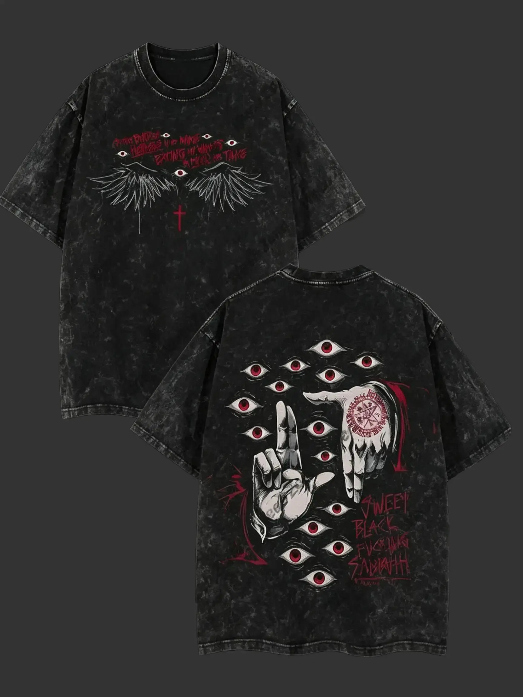 [BT] Limited Edition Alucard Hellsing Hand Signs Anime Double Printed Oversize Lightweight Acid Washed Tee, Gift For anime lover, Vintage Washed Black All Seeing Eyes Occult Double Sided Graphic T-Shirt