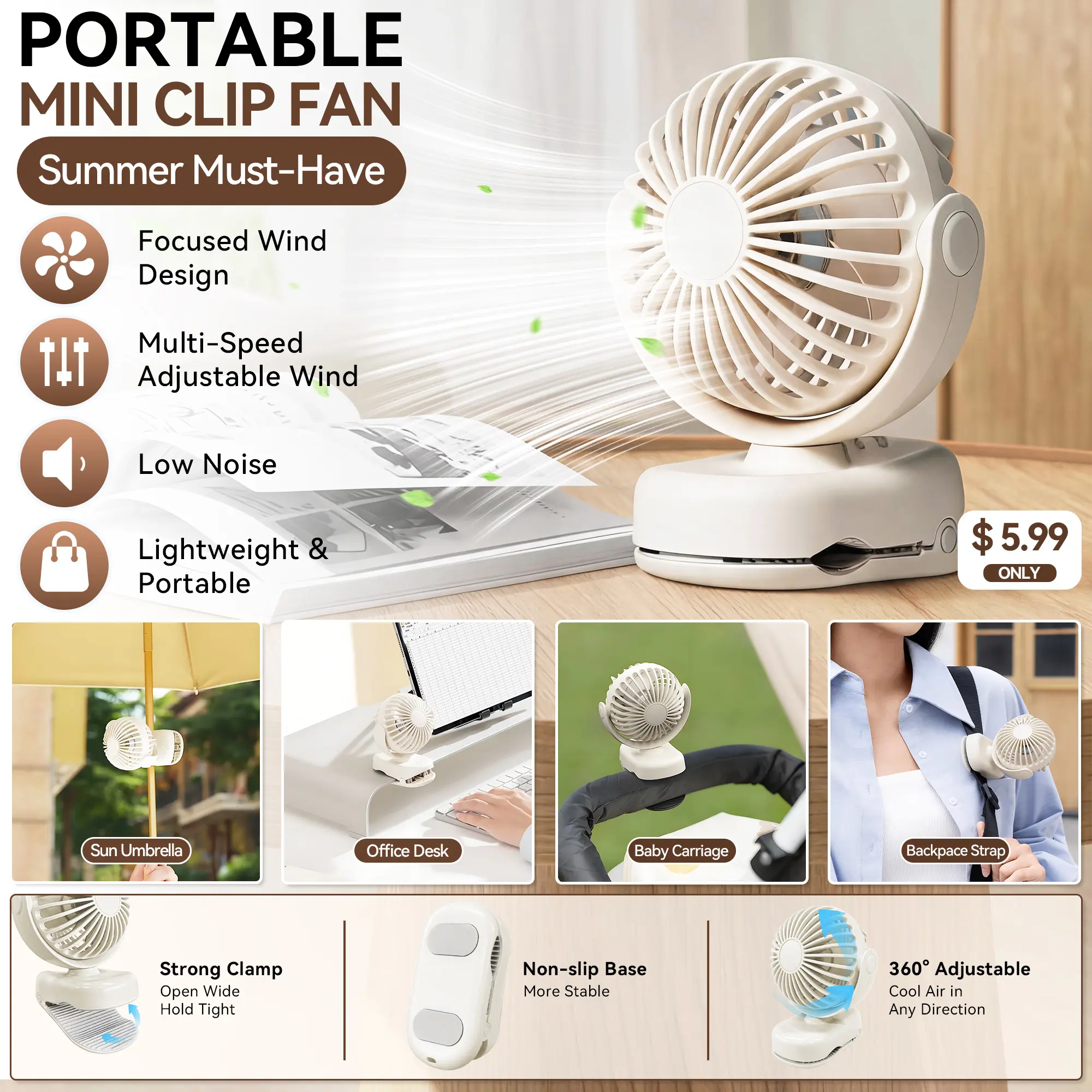 Mini Portable USB Fan with Magnetic Clip, Handheld Battery Operated Portable Rechargeable Fan, 3-Speed, 0-3hr Runtime, 0.24lb Ultra Light, Safe Gaps, Energy-Saving Cooling, Stroller Compatible, Baby Essentials
