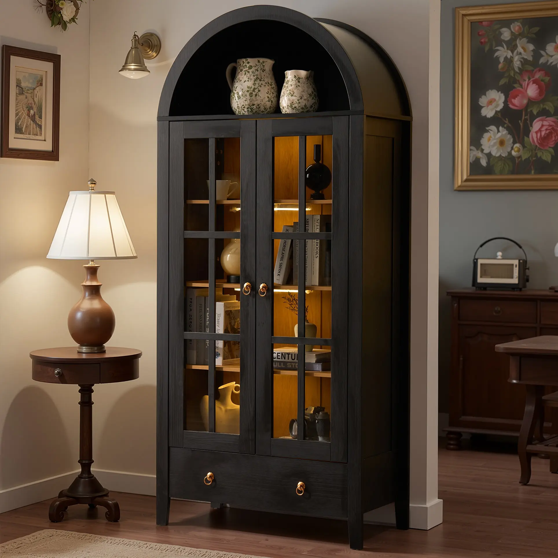 HOOOWOOO 71" Tall Arched Kitchen Pantry with Glass Door & Magnetic LED Lights, Modern Farmhouse Deep-Drawer Livingroom Storage Cabinet, Eco Wood Panel, Cupboard for Kitchen/Dining/Bathroom/Toy