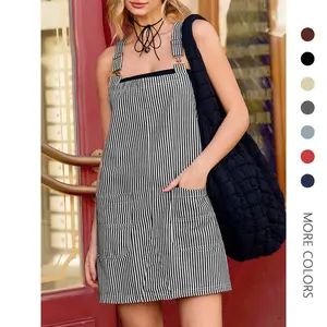 Danedvi Womens Casual Denim Dress Summer Striped Overalls Romper Adjustable Straps Sleeveless Jean Dresses with Pockets Jumpsuit Dungarees