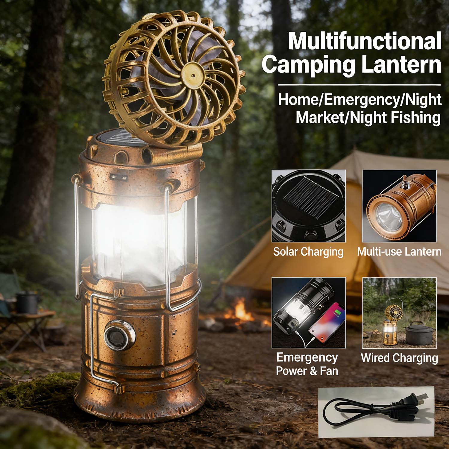 LED Camping Lantern with Fan, Battery Powered Flashlight, Portable Collapsible Hanging Emergency Light, Survival Kit Gear for Hurricane, Power Outages, Home Outdoor Use