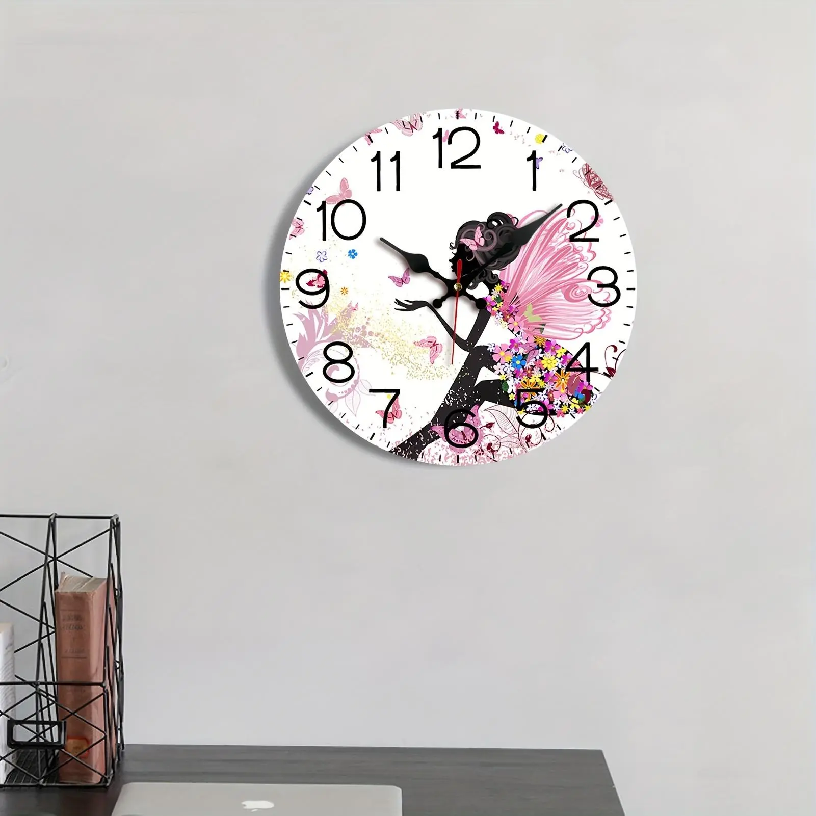 Dreamy Floral Girl Wall Clock - Silent, Non-Ticking Decorative Timepiece for Bedroom, Living Room, Office, Kitchen - Battery Operated (AA), Wooden, Round Shape, Wall Clock Living Room 12x12inch