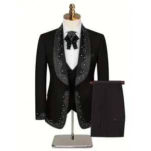 Luxury Handmade Men 3pcs Suit with Rhinestone, Shawl Lapel, Slim Fit, Includes Blazer, Vest & Pants - Perfect Gift for Business Or Formal Events