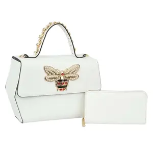 Queen Bee Handbag - Faux Vegan Leather, Zip Top Closure, Detachable Shoulder Strap, Solid & Striped Wallet, Large Bumble Bee Rhinestone Embellishment