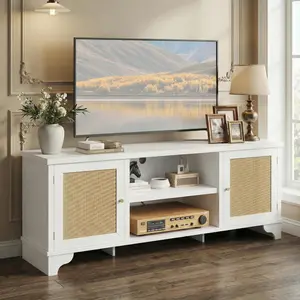 Garvee Rattan Entertainment Center Cabinet with Open Shelf, Media Console Table for Living Room and Bedroom, Suitable for TVs Up to 65 Inches, Boho Style, White Finish