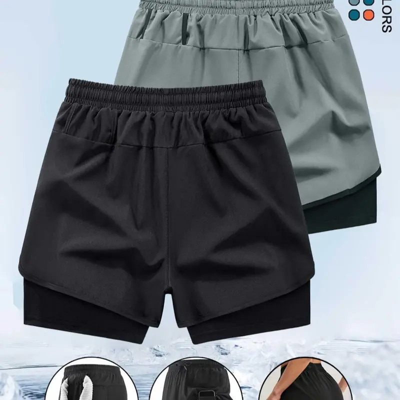 Men's Sporty for Summer, Dual-Layer Lining, Shorts with Pockets, Elastic Waistband, Ideal for Fitness & Marathon Training