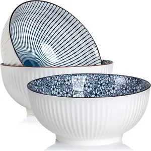 60 oz Large Soup Bowl, Pho Bowls, Japanese Ramen Bowls Set of 3, 8 in Blue and White Porcelain Big Bowls for Eating-3 Mixing Patterns