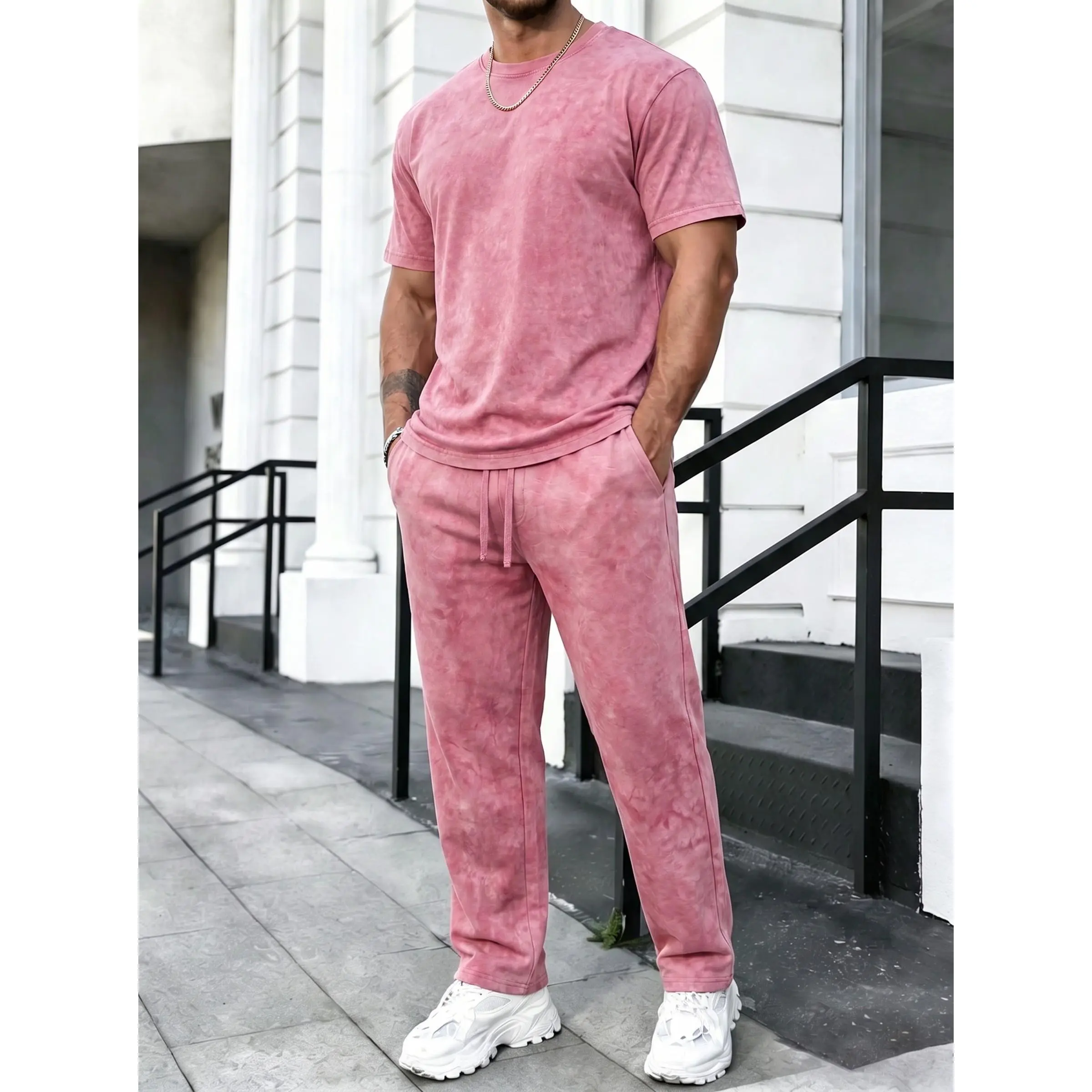 USBoutiqueCHIC Men’s Tie-Dye Short Sleeve Crew Neck T-Shirt & Drawstring Straight Pants Two Piece Casual Tracksuit | Soft Daily Athleisure Matching Set