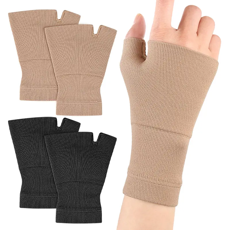 2 Pack Compression Wrist Support Sleeves, Open Finger Elastic Wrist Brace for Carpal Tunnel Arthritis, 2 Level Pressure Breathable Wrist Wrap for Typing Sports Gym Mom Hands Pain Relief, Black Nude Two Colors