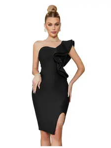 One Shoulder Sleeveless Ruffle Dress Side Split Bodycon Bandage Dress Wedding Guest Dress
