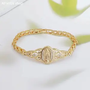 Copper Golden Tone Hollow Flower Virgin Mary Bracelet Geometric Watch Chain Texture Jewelry for Daily Sports Outdoor Activities Indoor Leisure And Daily Casual Wear