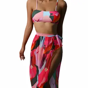 Red Pink Geometric Print Bikini Set With Skirt bikini top