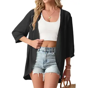 GRECERELLE Womens Summer Lightweight 3/4 Sleeve Cardigan Open Front Casual Loose Kimono Cover Ups with Pockets