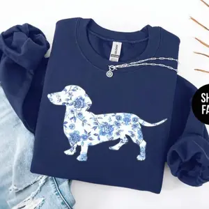 French Blue Toile Dachshund Sweatshirt/T-shirt/Hoodie, Dog Lover Sweatshirt, Cute Doxie Pullover, Pet Parent Shirt, Dog Mom Sweatshirt, Doxie Tee Crewneck Unisex