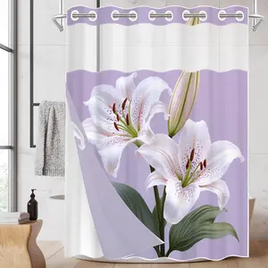 1pc hookless shower curtain with buckle lining, spring white lily purple design, 2D flat printing, fabric waterproof lining, see-through double-layer shower curtain, 71 x 74 inches, modern home draping curtain, Bathroom Decorations, Bathroom Curtain