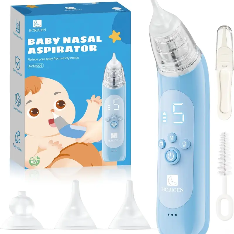 Baby Nasal Aspirator - Reusable Plastic Portable Electric USB-C Rechargeable Mucus Cleaner for Babies and Toddlers, 5 Adjustable Suction Levels, 3 Silicone Tips, Lights and Music, Gentle Effective Removal