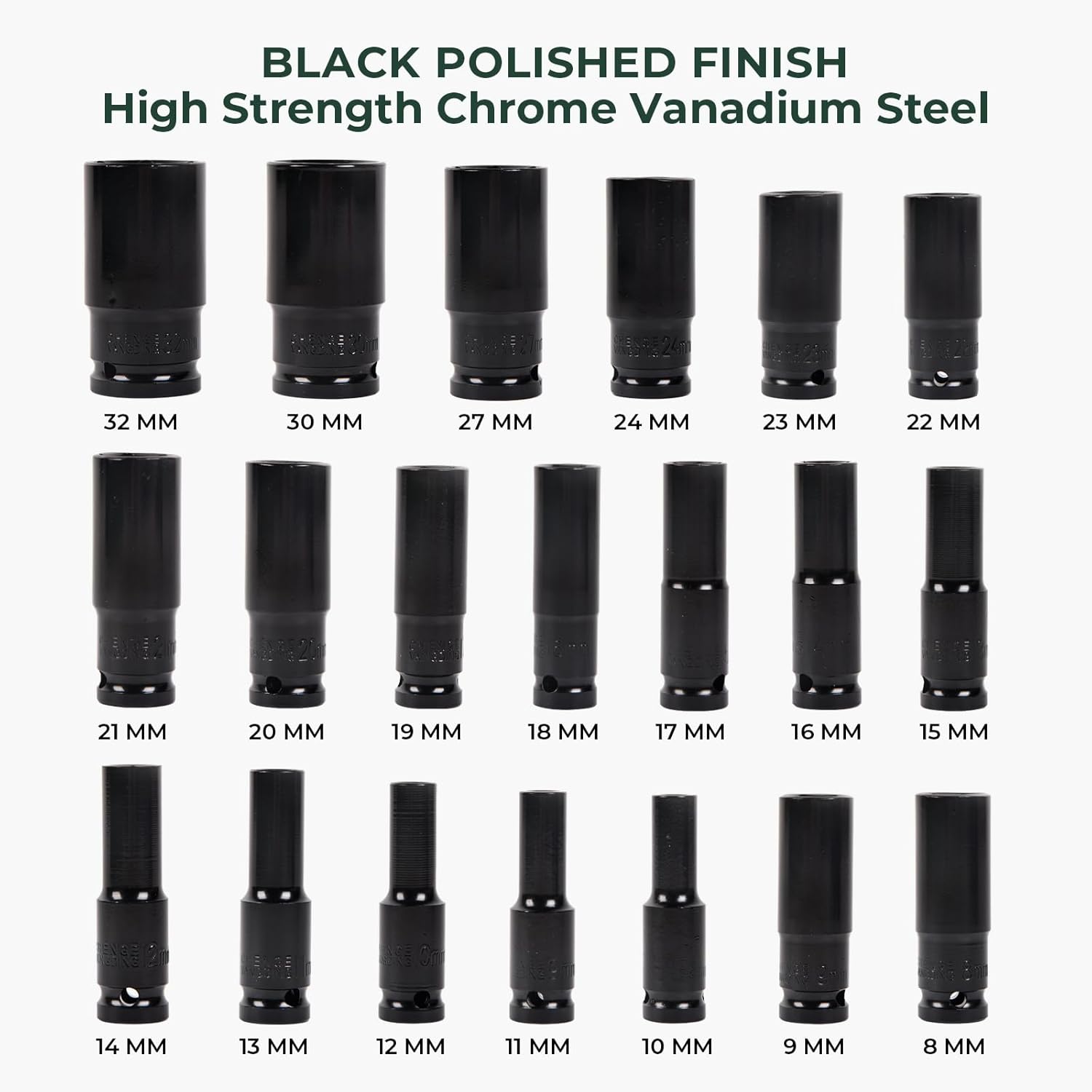 1/2" Drive Impact Socket Set, 20Pcs Drive Master Deep Impact Socket Set 8mm - 32mm, Metric, 6 Point, with Impact Driver Socket Extension Bar for Home Car Repair