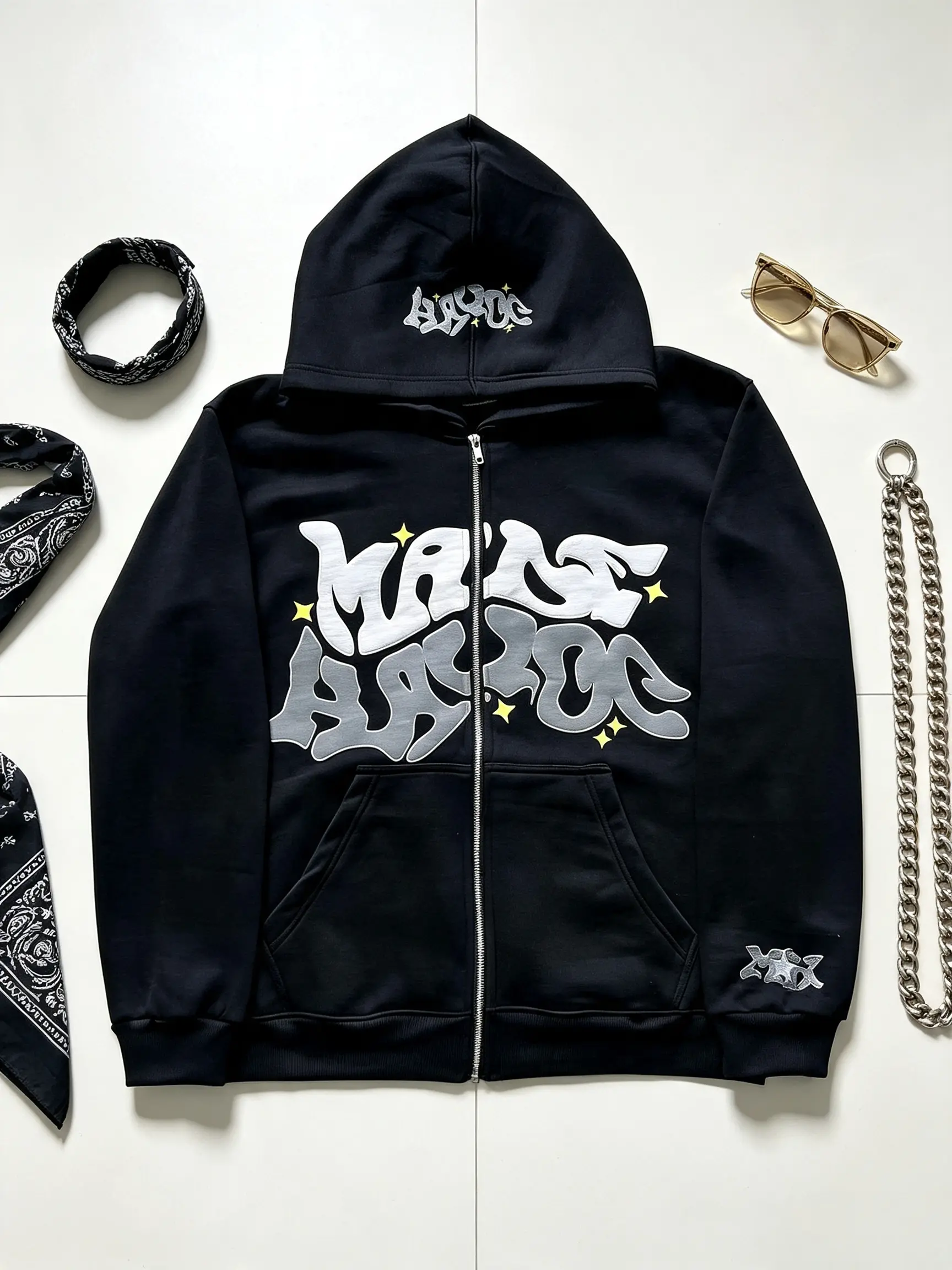 Y2K Retro Star And Letter Printed Full zipper Hoodies，Spring Autumn Harajuku Women And Men Fashion Hip Hop Long Sleeve Hooded ，Avant-Garde - Street Casual Spring/Fall Loose Zipper Pocket Patched，Autumn and Winter Gothic Coat preppy style
