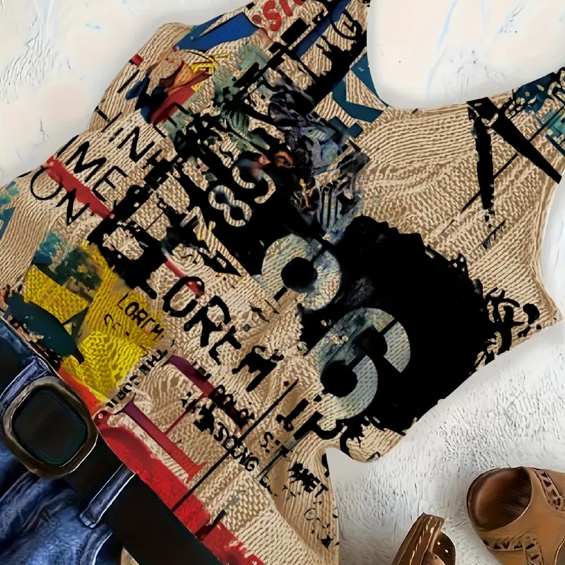 【Black Friday】Women's Digital Graphic-Print Knit Tank Top, Casual Sleeveless Vest for Daily Wear