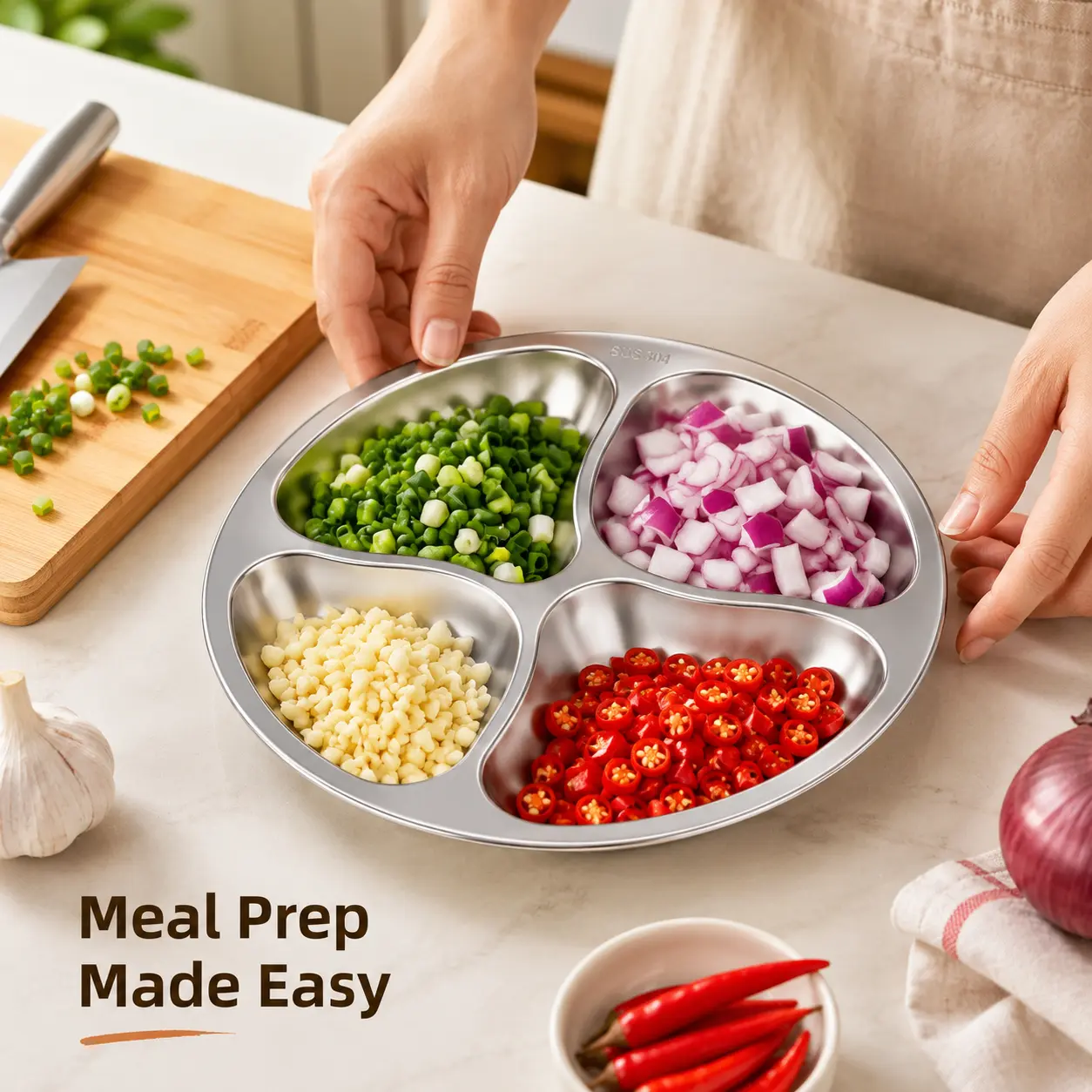 【Back to School】4 Compartment Stainless Steel Divided Plate, Portable Round Food Prep Tray, Reusable Separate Serving Plate for Kitchen Cooking, Camping, Picnic and Meal Prep - MM2