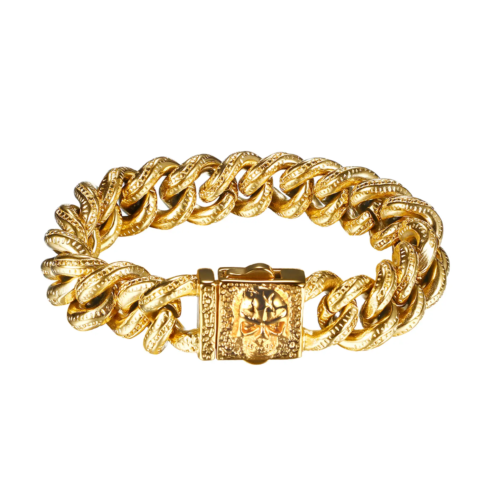 Stainless Steel Skull Bracelet for Men, Gothic Biker Curb Chain with Twisted Links, Golden Tone Jewelry Gift for Husbands, 225mm, Golden Tone Bracelet, Fathers, Male, Daily Wear, 225 Mm, 4.43 Ounces