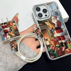 5 Piece Set Transparent Santa Claus Phone Case, Charger Head Cover, Cable Protector, Storage Rope, Anti-Drop Tpu Case for iPhone 6/7/8/x/11/12/13/14/15/16/17 Pro Max Accessories