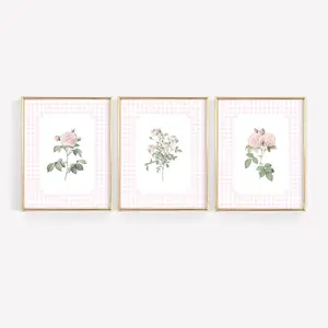 Pink Floral Gingham Nursery Wall Art Set – Baby Girl Room Decor, Cottagecore Wildflower Prints, Coquette Pastel Bedroom Artwork, Unframed