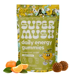SUPERMUSH Natural Tangerine Chewable Energy Gummies (60 Count) - Organic Lions Mane Supplement with Cordyceps, Rhodiola, L-Theanine, Maca - Vegan, Sugar-Free, Gluten-Free - For Energy, Metabolism Support, Stress Reduction - Daily Dietary Supplement