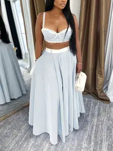 Women's Summer Fashion Lightweight Lace Splicing Halter Top & High Waist Skirt Set, Sexy Street Style Two-Piece, Trendy Design