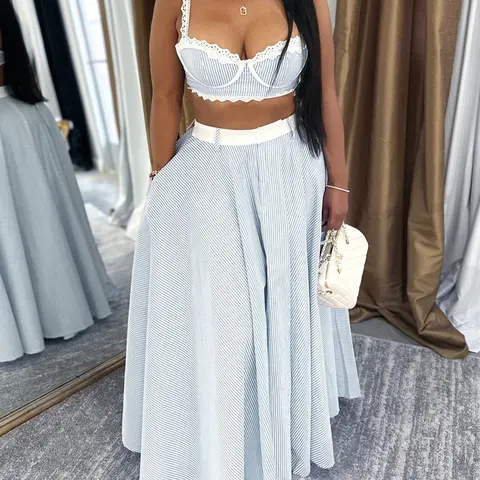 H719 Women's Summer Fashion Lightweight Lace Patchwork Tank Top and High-Waisted Skirt Set, No Pads, Loose-Fit, Striped Pattern, Unlined