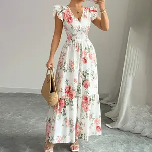 Womens Casual Summer Maxi Dress Flutter Short Sleeve V Neck Smocked A Line Flowy Beach Vacation Long Dresses