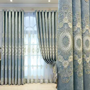 Chenille Embroidered Blackout Bay Window Curtains - European Elegant, Floor-Length, High-Shade Curtains for Floor-to-Ceiling Installation