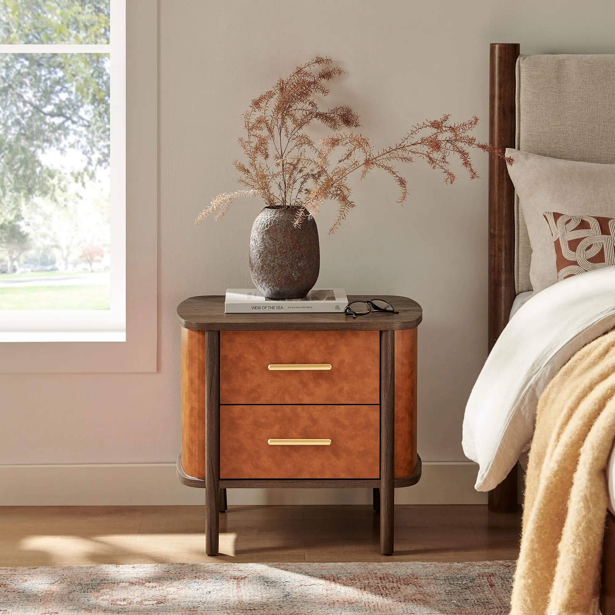 Coralie 2-Drawer Curved Vegan Leather Nightstand in Walnut Tan