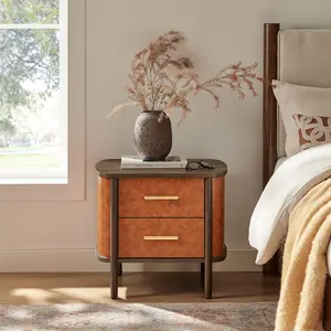 Coralie 2-Drawer Curved Vegan Leather Nightstand in Walnut Tan