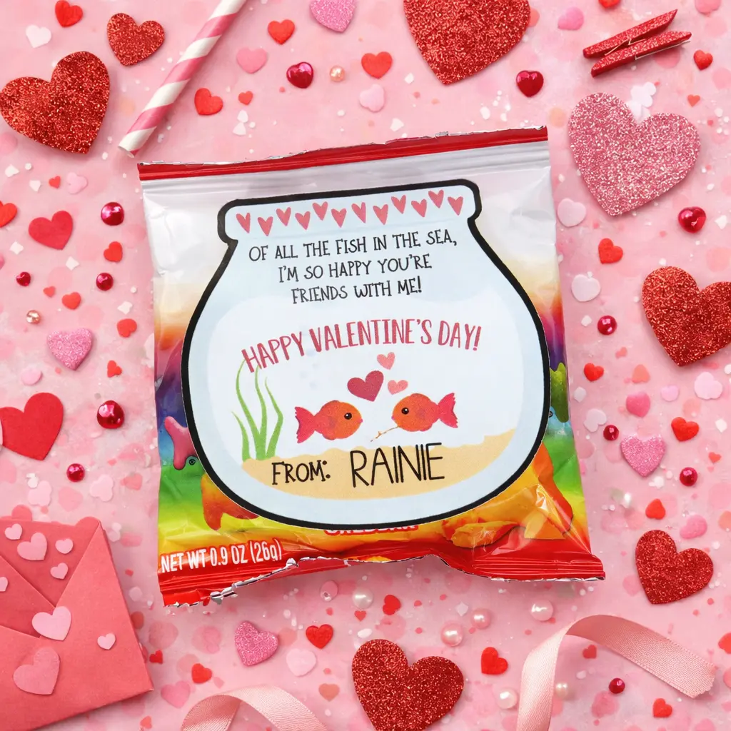 Personalized Fish Bowl Valentine Snack Cards for Classroom Exchanges