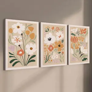 Wooden Framed Canvas Painting, 3 Counts/set Abstract Flower Pattern Wall Art, Modern Art Flower Decoration, Wall Decor for Home Living Room Bedroom