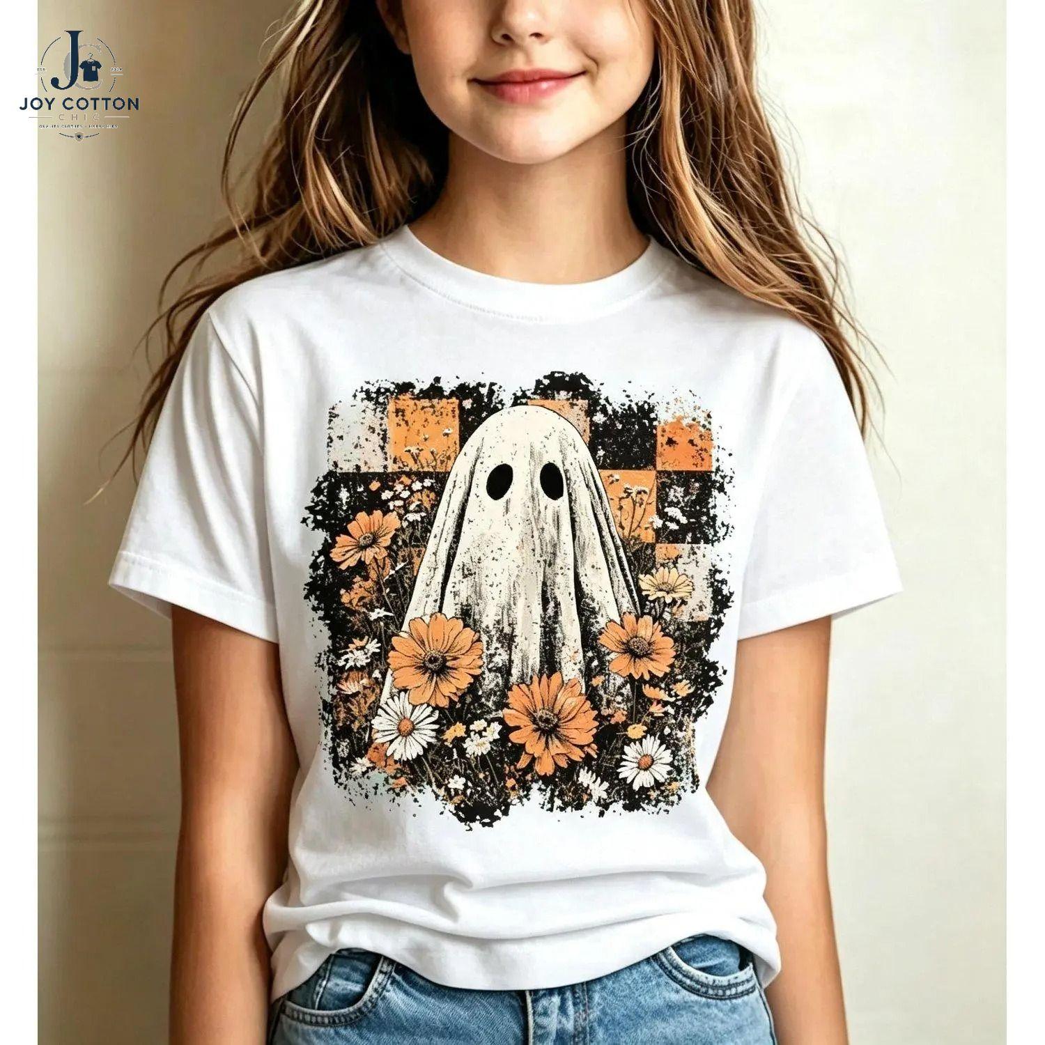 Youth & Adult Short Sleeve T-Shirt for Summer & Halloween, Graphic Tee with Cartoon Floral Print, by Joy Cotton Chic, USA-Made & Printed Apparel