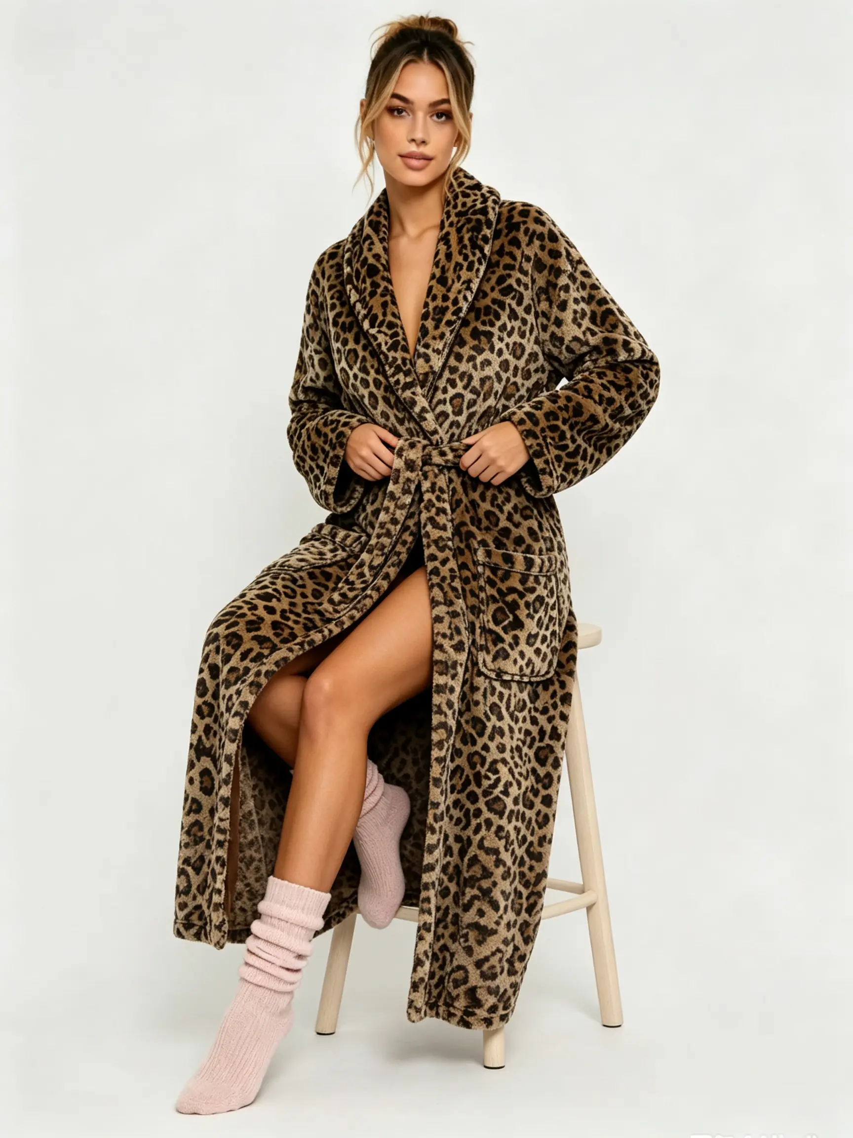 Women's Leopard Print Super Fluffy Plush Bathrobe - Shawl Lapel Collar, Belted Warm Flannel, Side Pockets, Oversized Fluff and Tough All Over Animal Robe for Women, Winter Loungewear Bathrobes & Dressing Gowns, All Over Print Bathrobes & Dressing Gowns
