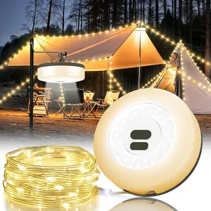 32.8FT 4-in-1 Rechargeable Camping String Lights, 6 Modes Waterproof Warm White LED Tent Lamp, Quick Storage Hanging Lights for Camping Hiking Patio Garden Festival