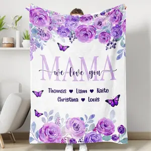 Mama We Love You Custom Flannel Sherpa Blanket, Flowers Blanket For Mom, Grandma, Birthday  For Grandma, Mother's Day , Blanket, Flannel Throw, Soft Cozy, Lightweight Warm, Comfortable, Couch Bed Use, Home Decor, All Season,  Idea gift